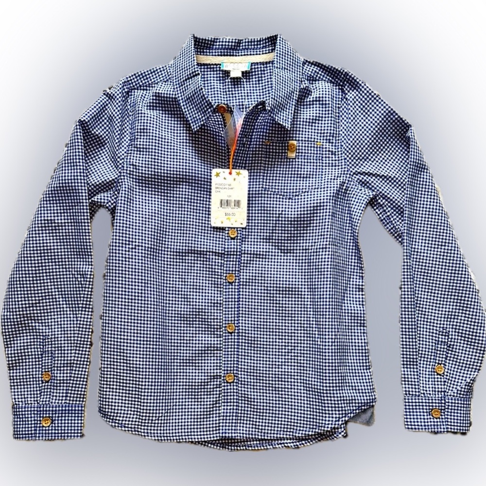 🆕 Brand New Egg Boys Navy & White Checkered Dress Shirt- Sizes 12Y and 4T!